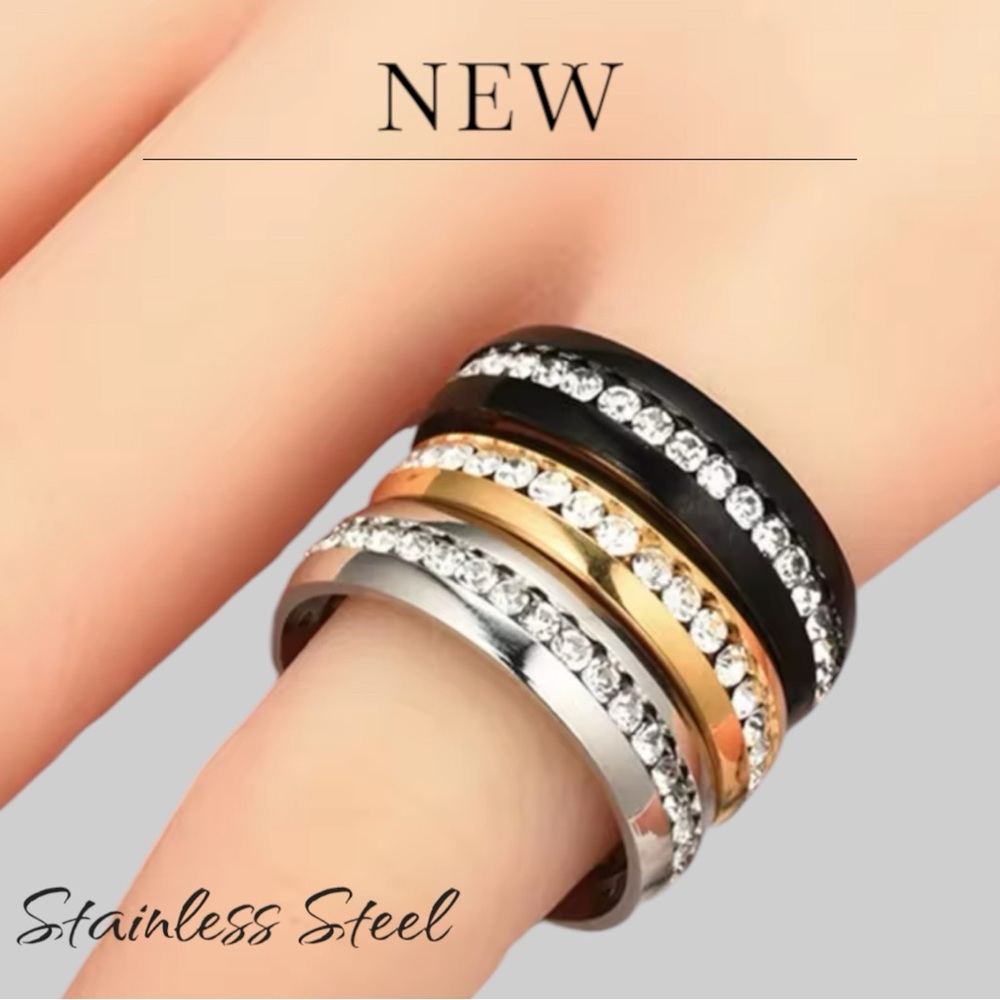 New Stainless Steel Unisex Engagement Ring Black or Gold Band CZ Row Inlay - Picture 7 of 9